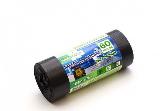 Мешки для мусора 60 литров, 20 мкм, ПСД, в рулоне 20 штук, 60х70 см, черные, прочные, Мирпак  - Вид 2